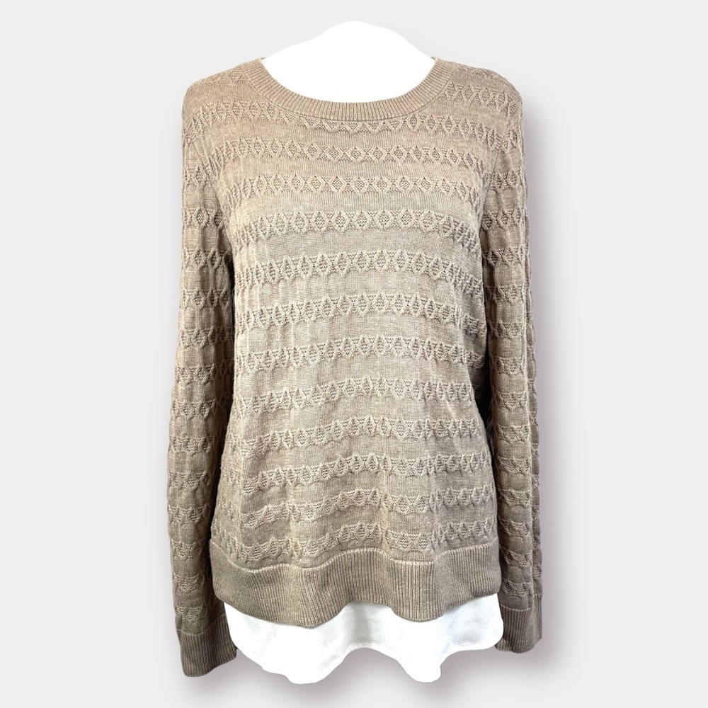 NEW Calvin Klein Classic Sweater Faux Shirt Hem Beige Tan Taupe Size Small